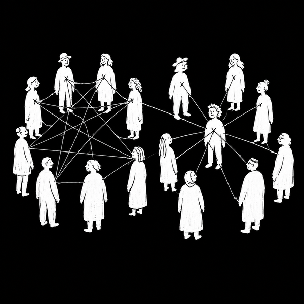 Two circles of people, connected